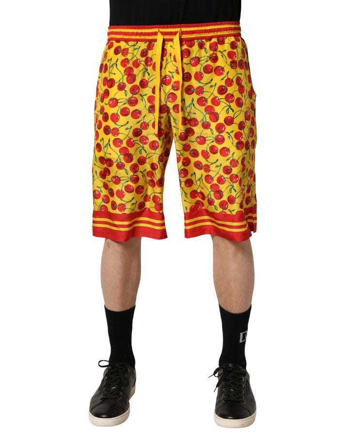 Dolce & Gabbana Yellow Red Cherry Print Silk Bermuda Shorts