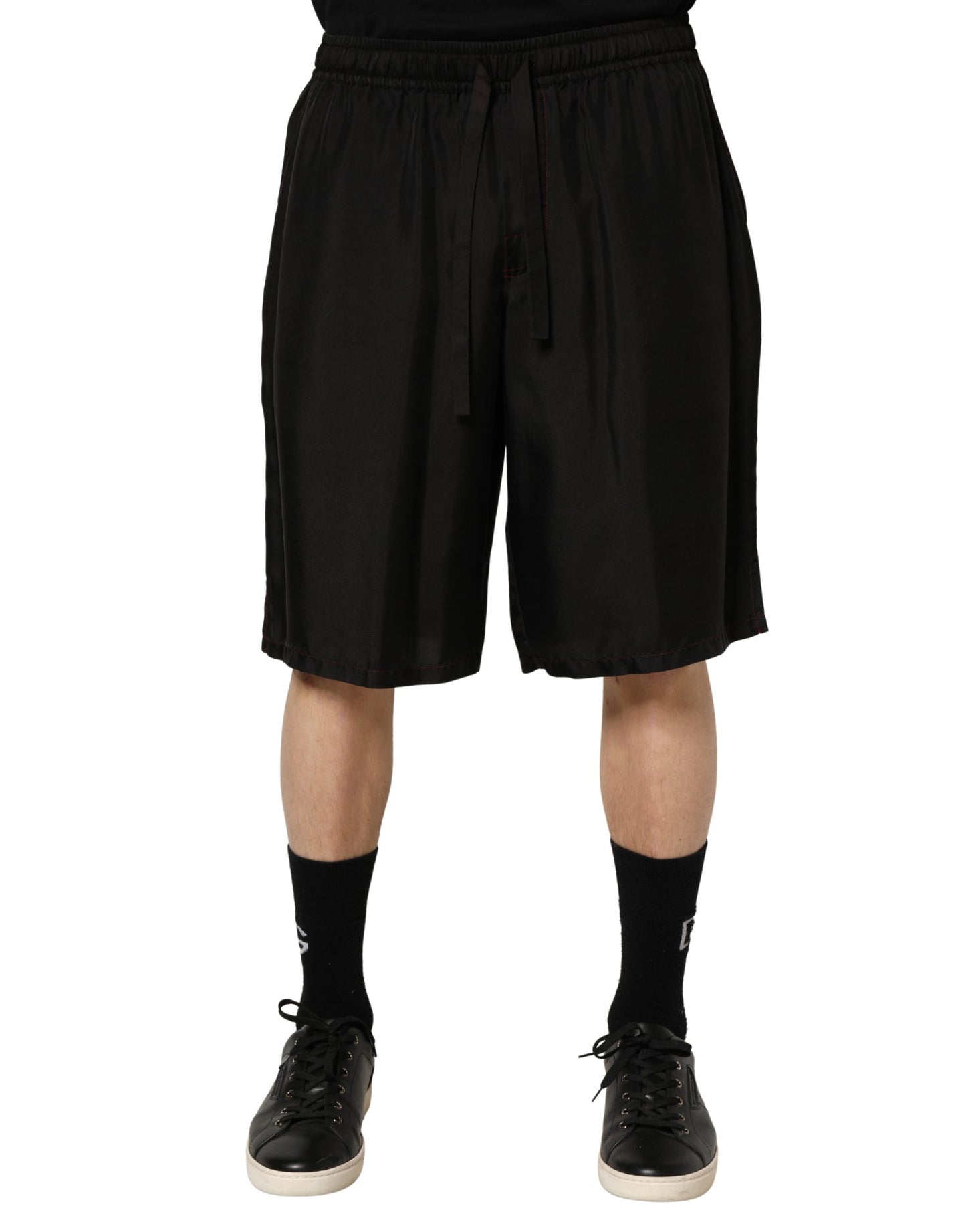 Dolce & Gabbana Black Silk Drawstring Men Bermuda Shorts