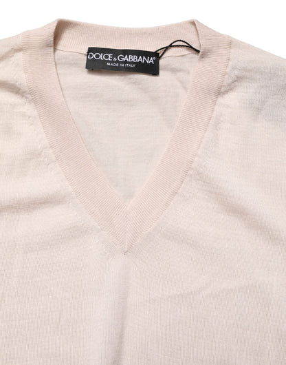 Dolce & Gabbana Beige Cashmere V-neck Men Pullover Sweater
