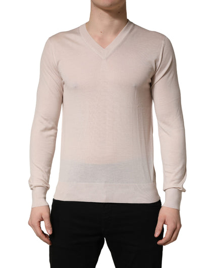 Dolce & Gabbana Beige Cashmere V-neck Men Pullover Sweater