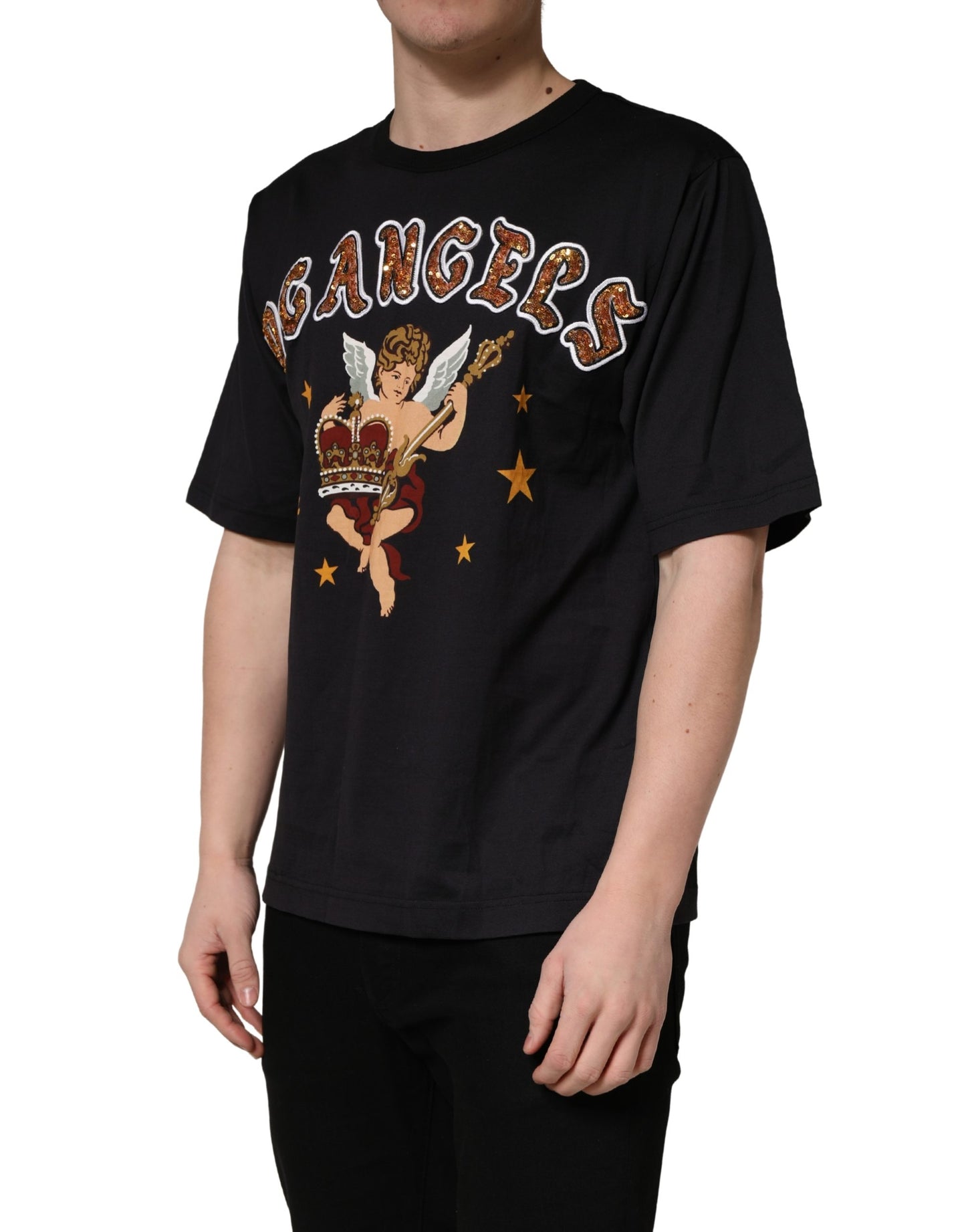 T-shirt Dolce & Gabbana en coton noir à imprimé ange et col ras du cou