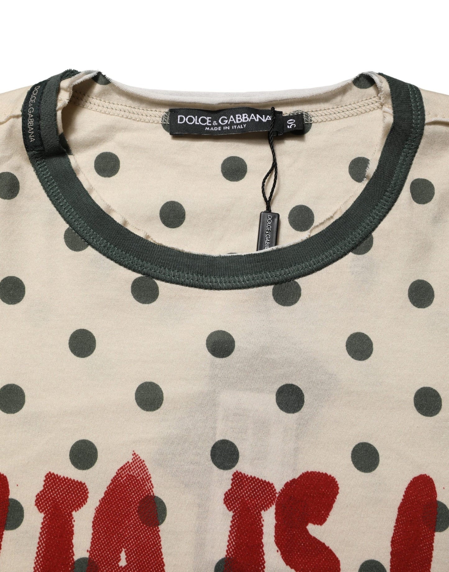 Dolce & Gabbana Camiseta de Algodón Beige con Estampado de Lunares