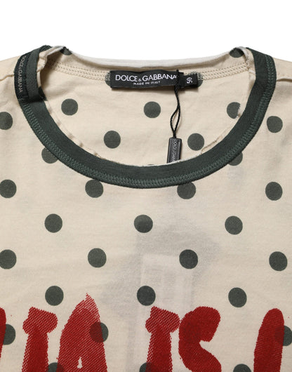 Dolce & Gabbana Camiseta de Algodón Beige con Estampado de Lunares