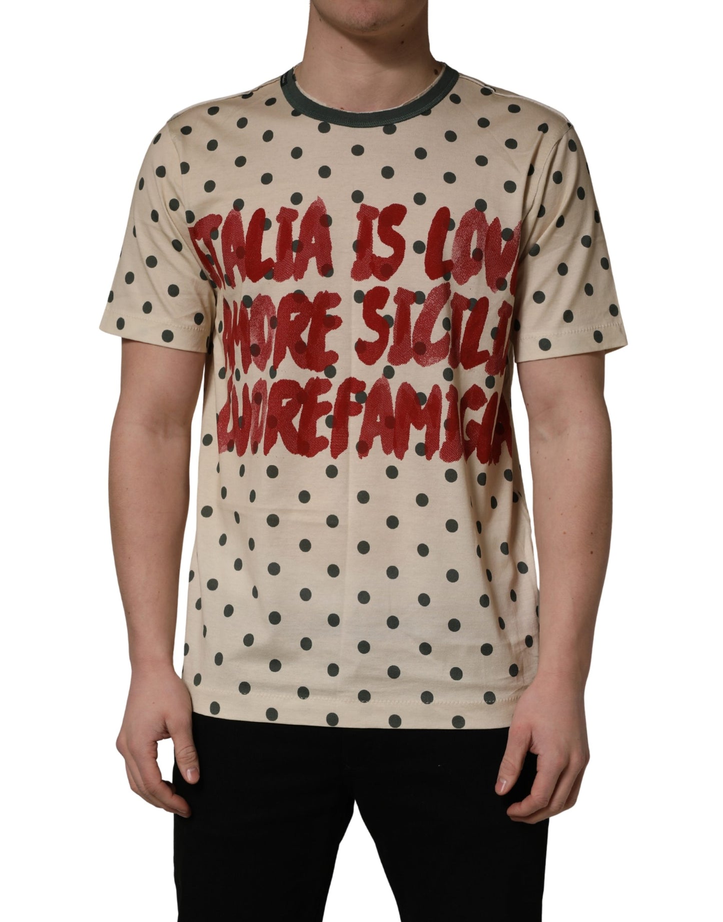 Dolce & Gabbana Camiseta de Algodón Beige con Estampado de Lunares