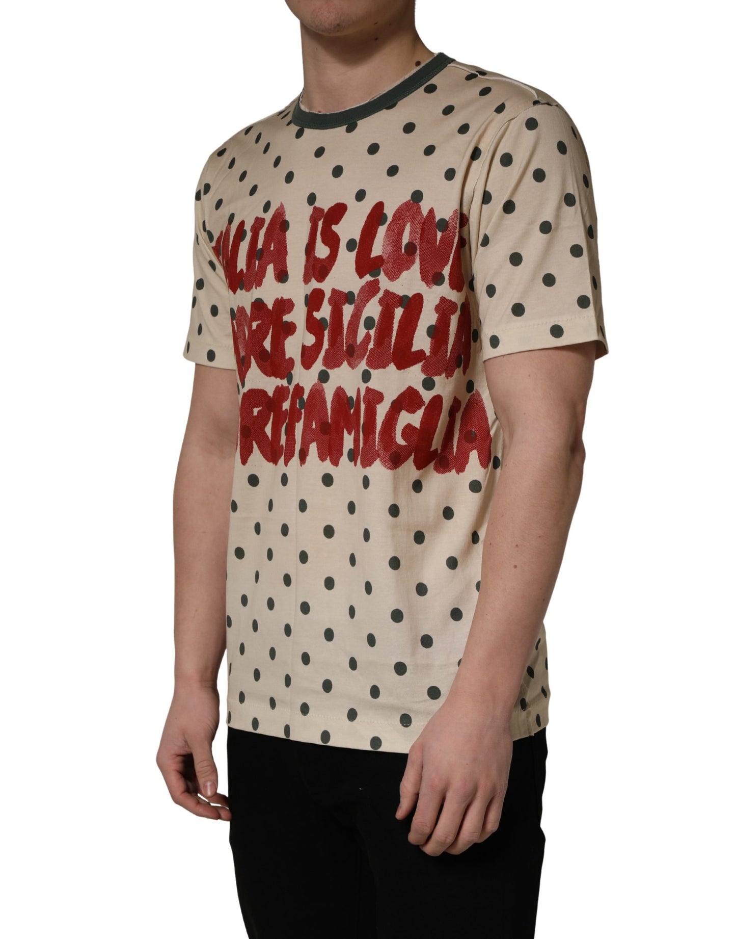 Dolce & Gabbana Camiseta de Algodón Beige con Estampado de Lunares