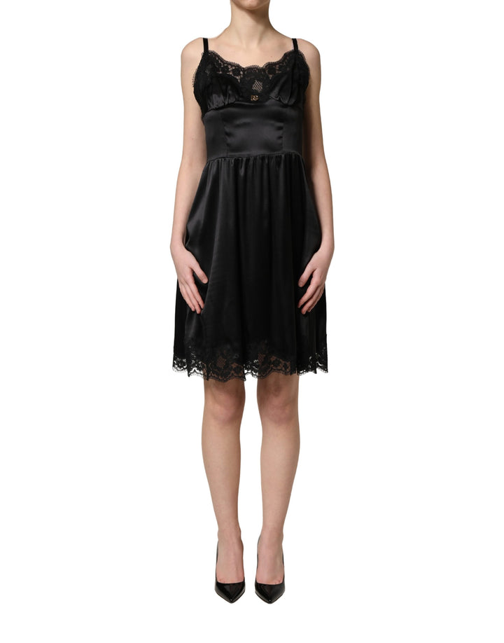 Dolce & Gabbana Black Silk Satin Lace Sleeveless Mini Dress