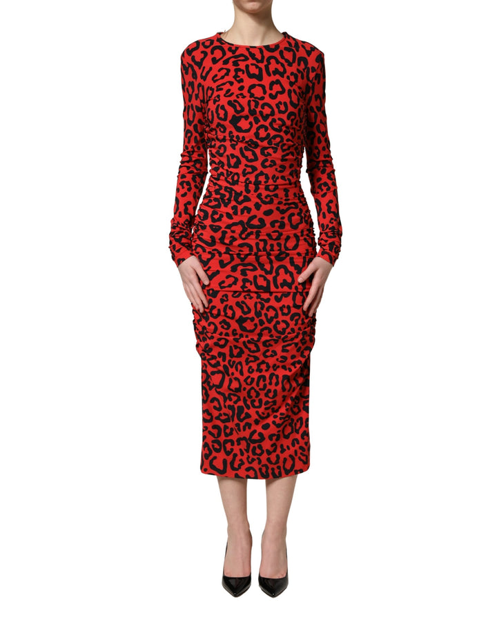 Dolce & Gabbana Red Leopard Print Long Sleeves Midi Dress