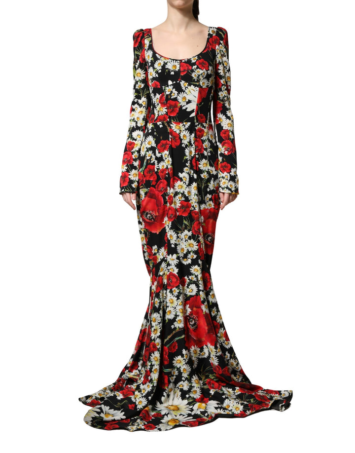 Dolce & Gabbana Black Floral Silk Long Sleeves Gown Dress