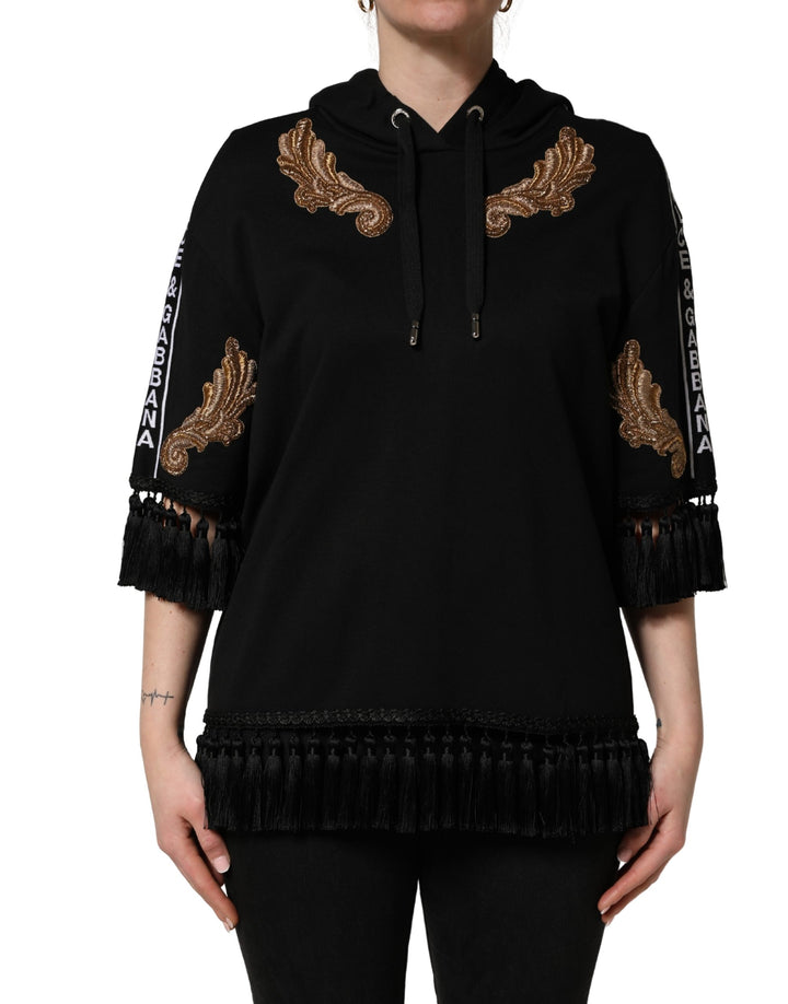 Dolce & Gabbana Black Embroidered Tassel Hooded Sweatshirt Sweater