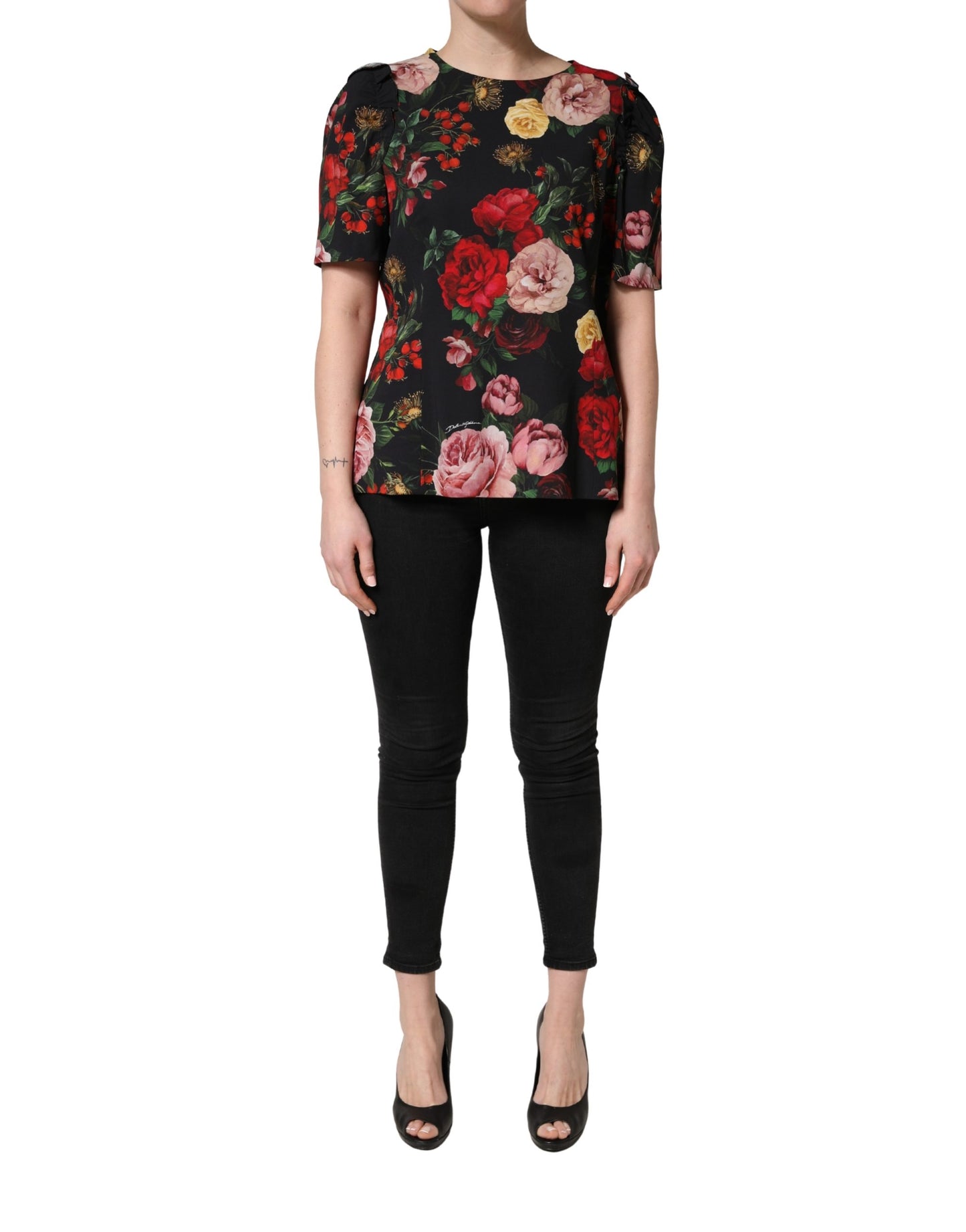 Dolce & Gabbana Black Floral Crepe Frill Detail Blouse Top