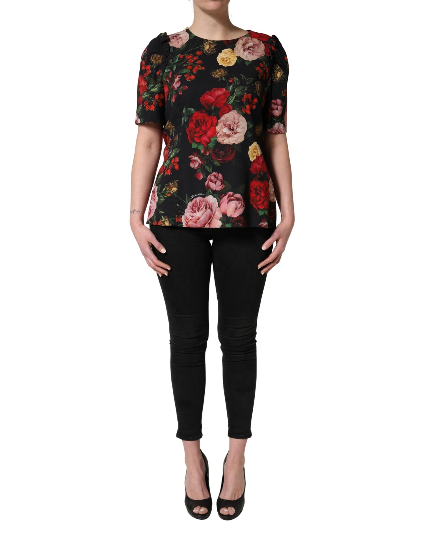 Dolce & Gabbana Black Floral Crepe Frill Detail Blouse Top