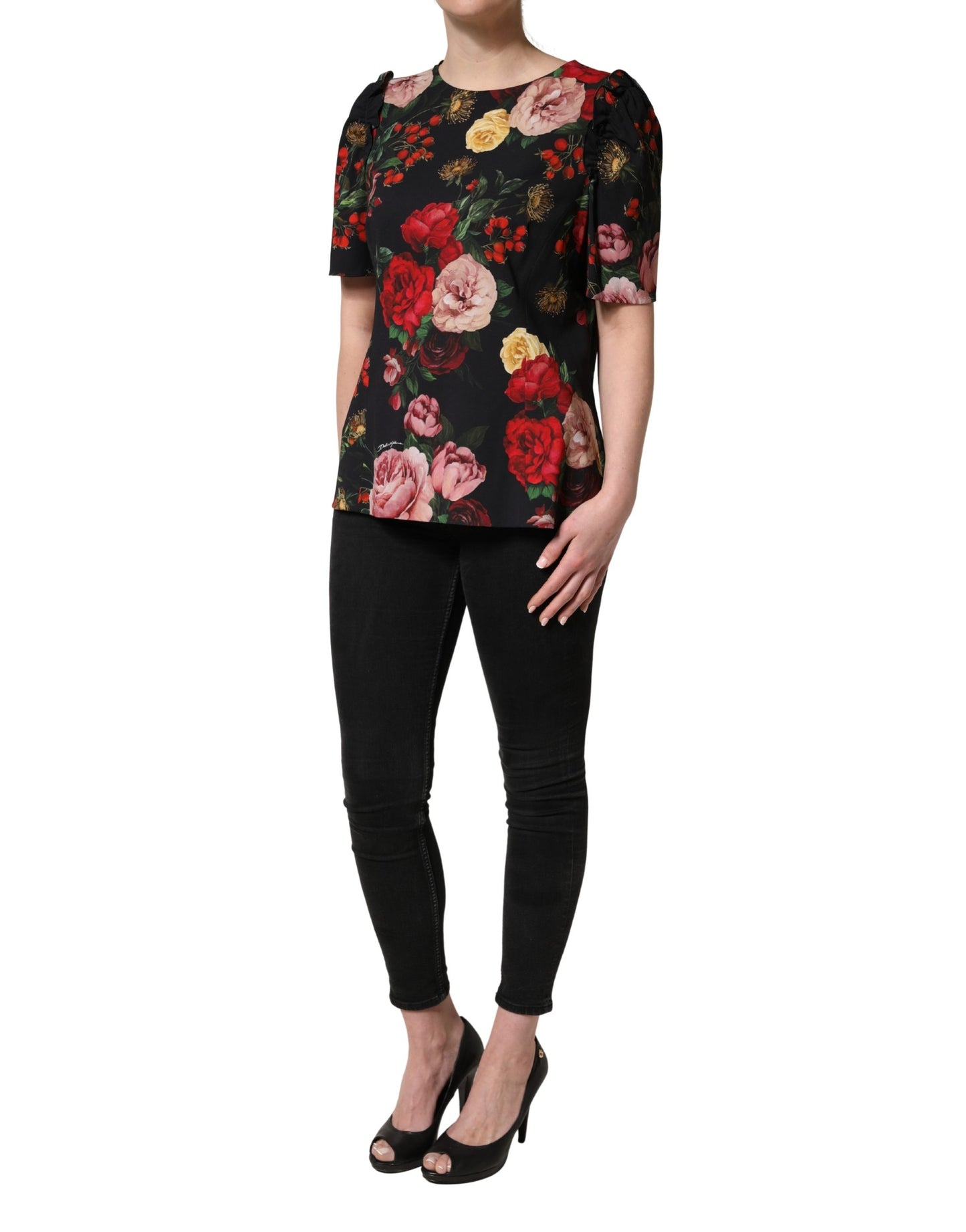 Dolce & Gabbana Black Floral Crepe Frill Detail Blouse Top