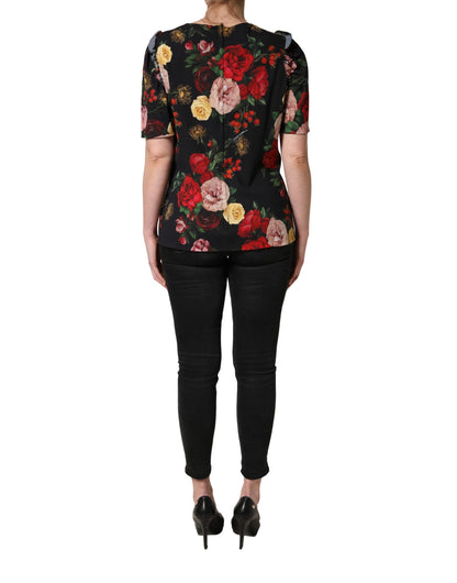 Dolce & Gabbana Black Floral Crepe Frill Detail Blouse Top