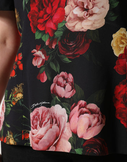 Dolce & Gabbana Black Floral Crepe Frill Detail Blouse Top