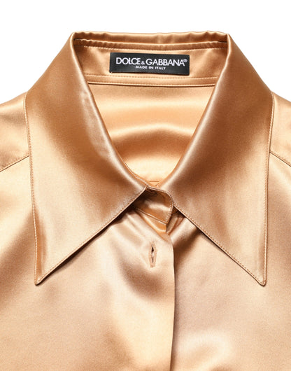 Dolce & Gabbana Gold Tone SatinFinish Silk Collared Shirt Top