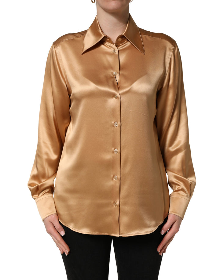 Dolce & Gabbana Gold Tone SatinFinish Silk Collared Shirt Top