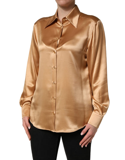 Dolce & Gabbana Gold Tone SatinFinish Silk Collared Shirt Top