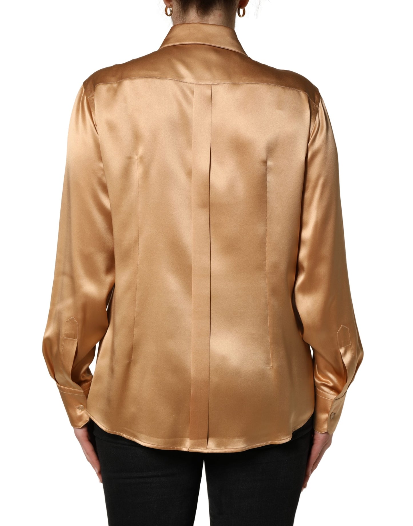 Dolce & Gabbana Gold Tone SatinFinish Silk Collared Shirt Top