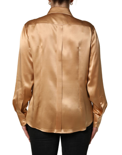 Dolce & Gabbana Gold Tone SatinFinish Silk Collared Shirt Top