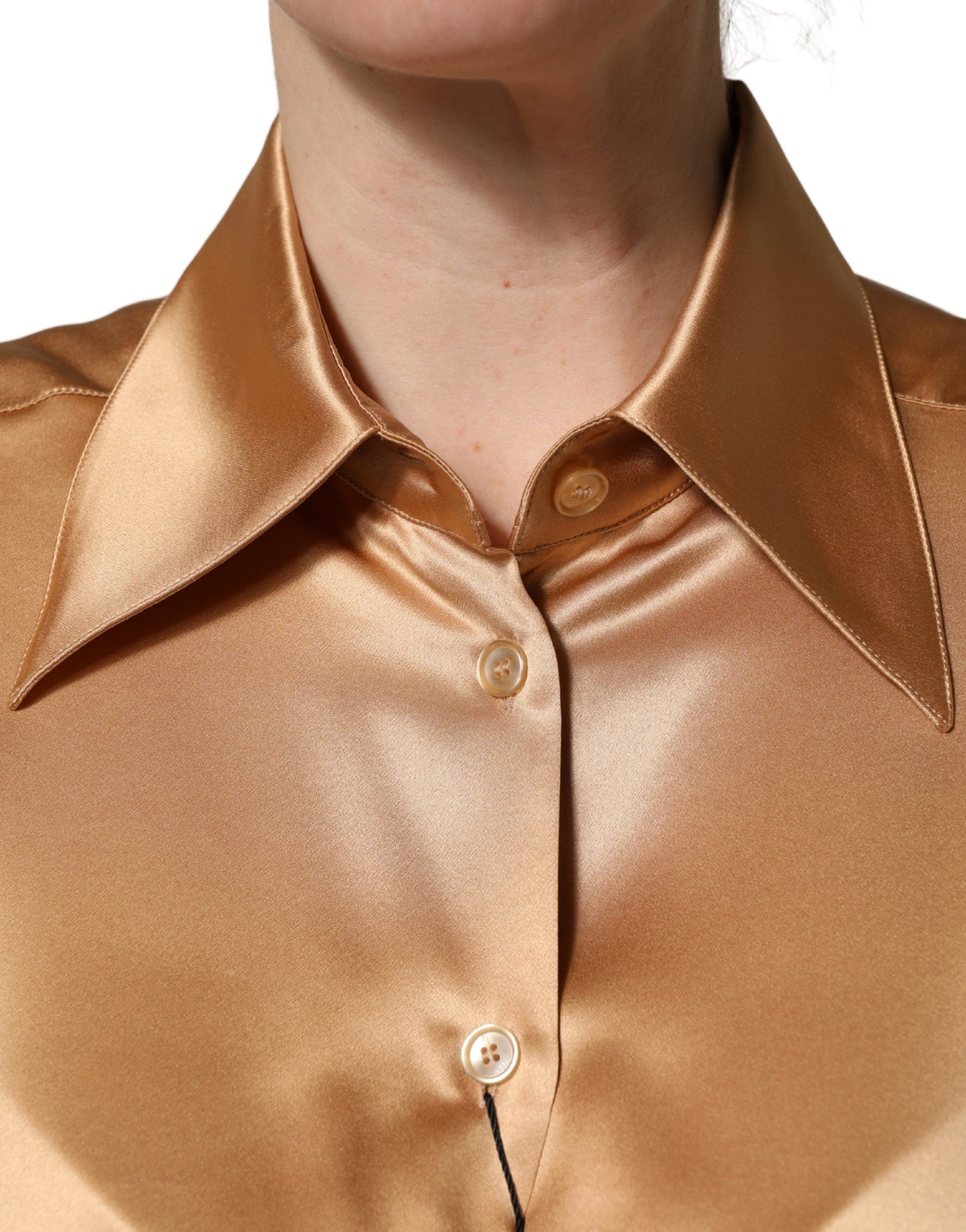 Dolce & Gabbana Gold Tone SatinFinish Silk Collared Shirt Top