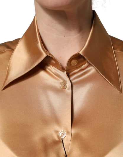 Dolce & Gabbana Gold Tone SatinFinish Silk Collared Shirt Top