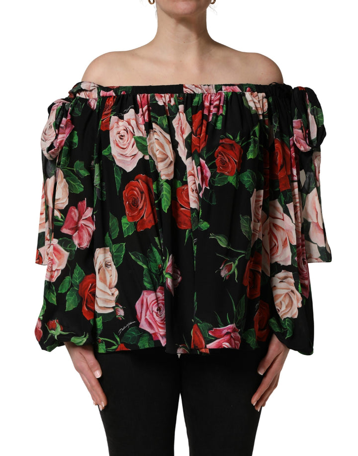 Dolce & Gabbana Black Rose Print Silk Off The Shoulder Blouse Top