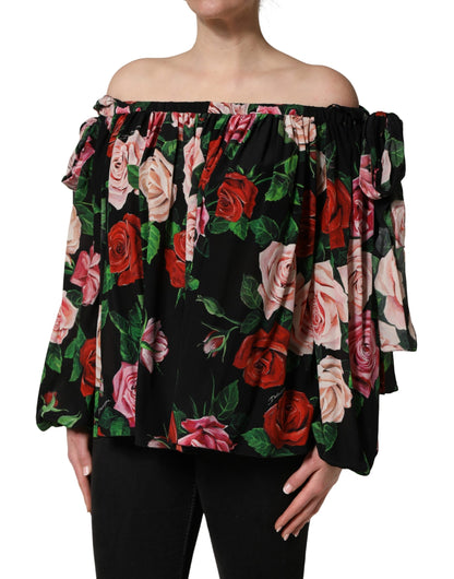 Dolce & Gabbana Black Rose Print Silk Off The Shoulder Blouse Top