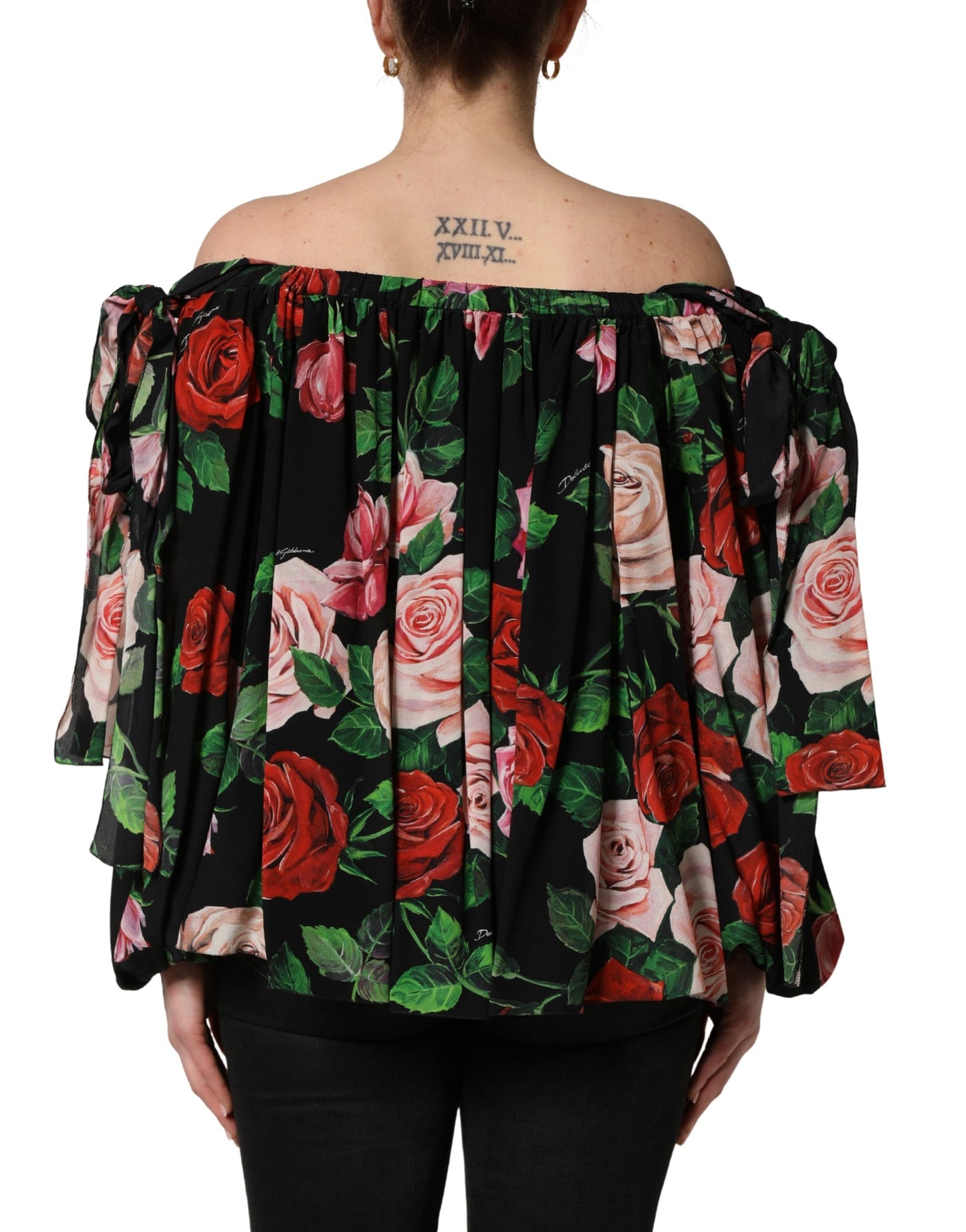 Dolce & Gabbana Black Rose Print Silk Off The Shoulder Blouse Top