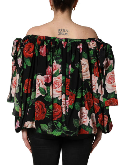 Dolce & Gabbana Black Rose Print Silk Off The Shoulder Blouse Top