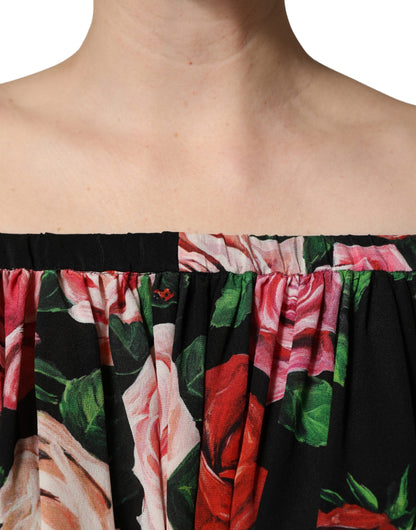 Dolce & Gabbana Black Rose Print Silk Off The Shoulder Blouse Top