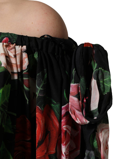 Dolce & Gabbana Black Rose Print Silk Off The Shoulder Blouse Top