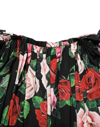 Dolce & Gabbana Black Rose Print Silk Off The Shoulder Blouse Top