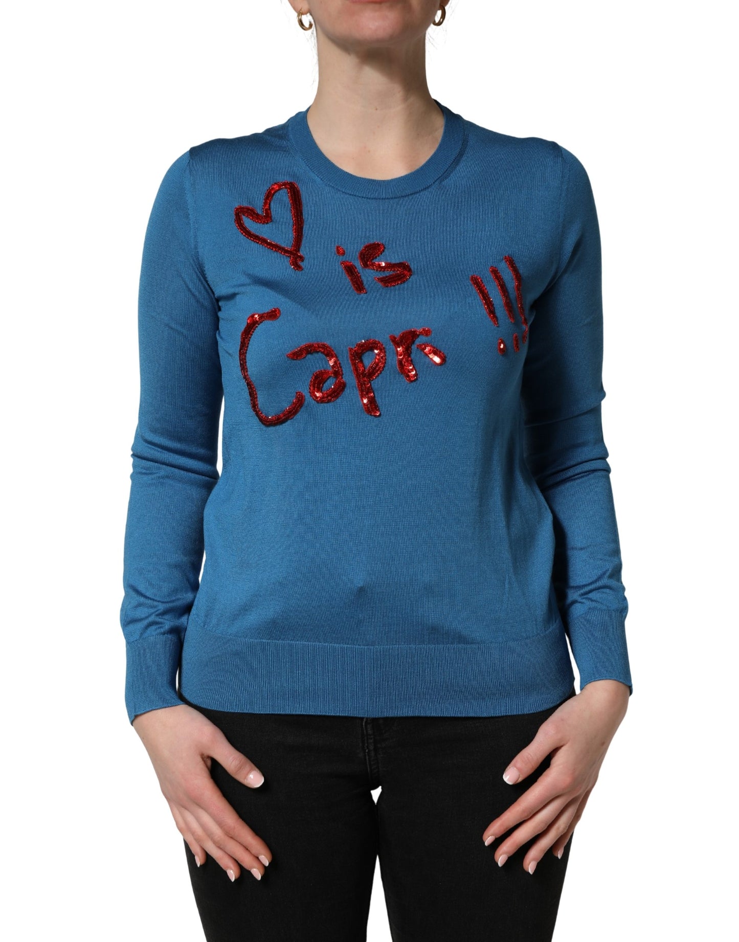 Dolce & Gabbana Blue Silk Sequined CrewNeck Pullover Sweater