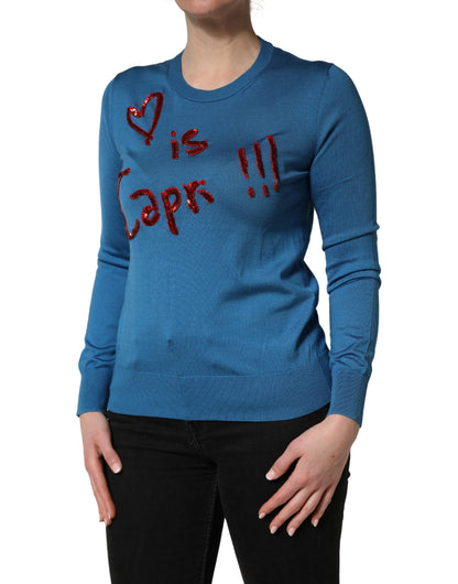 Dolce & Gabbana Blue Silk Sequined CrewNeck Pullover Sweater
