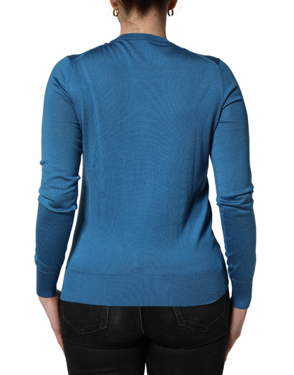 Dolce & Gabbana Blue Silk Sequined CrewNeck Pullover Sweater