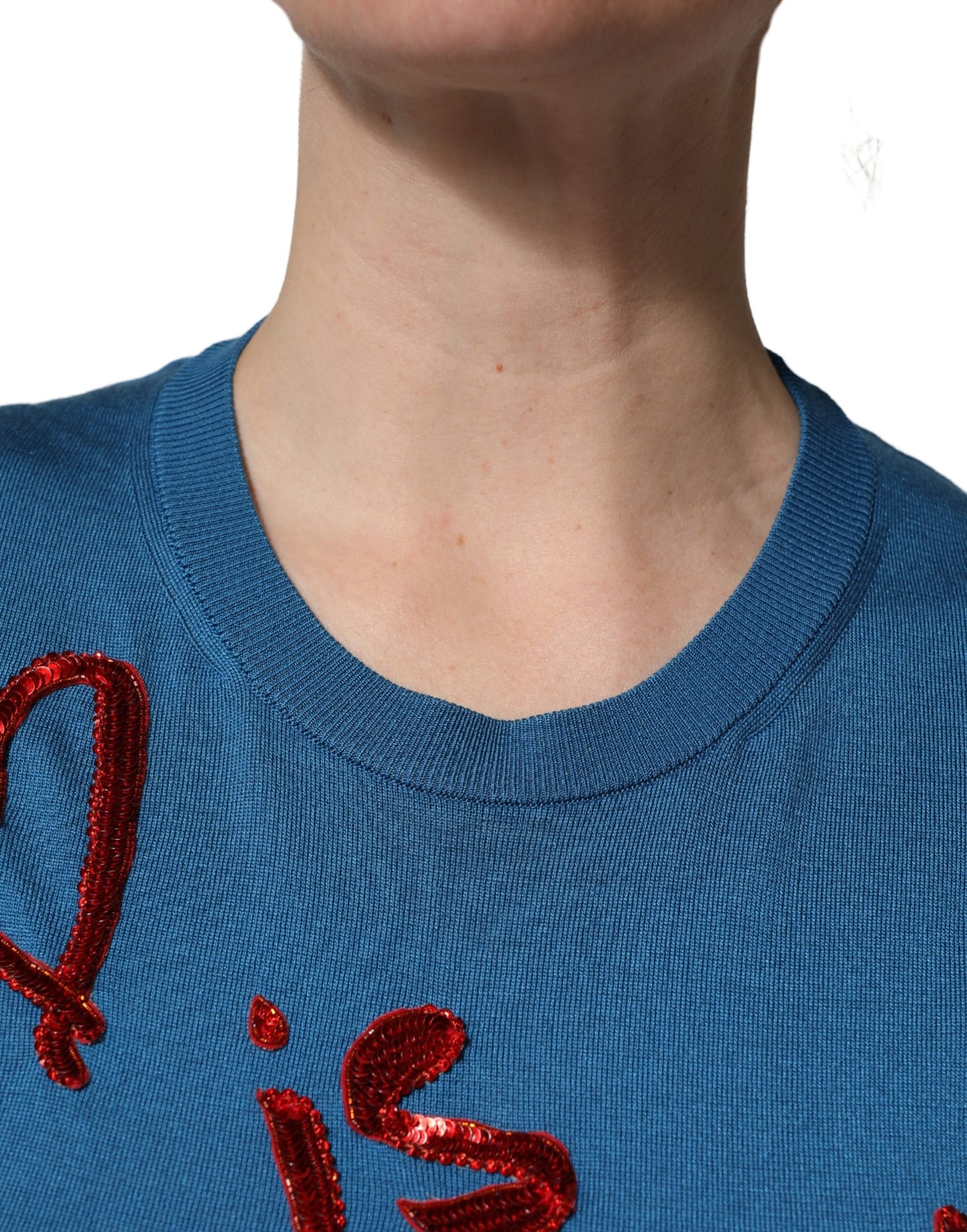 Dolce & Gabbana Blue Silk Sequined CrewNeck Pullover Sweater