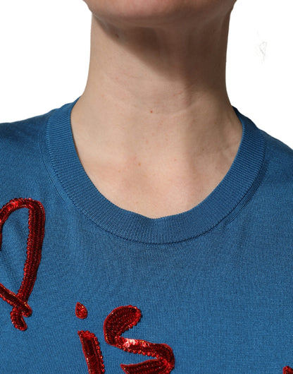 Dolce & Gabbana Blue Silk Sequined CrewNeck Pullover Sweater