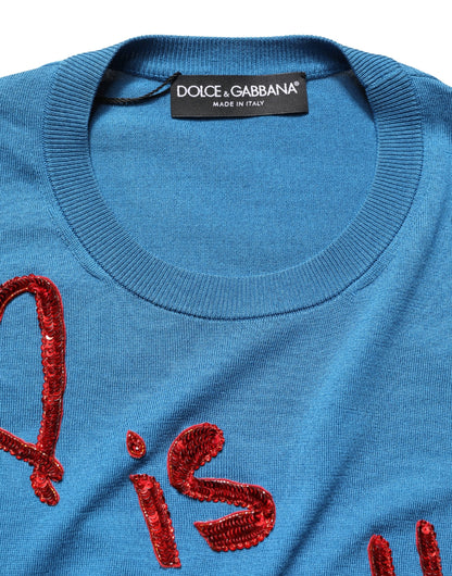 Dolce & Gabbana Blue Silk Sequined CrewNeck Pullover Sweater