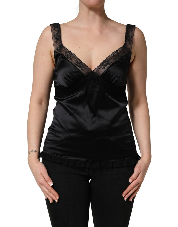 Top lencero de tirantes con cuello de pico y ribete de encaje de seda negra de Dolce & Gabbana