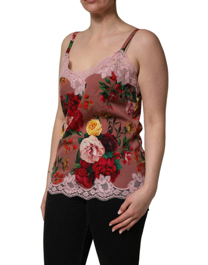 Top lencero de satén con estampado de rosas en color marrón Dolce & Gabbana