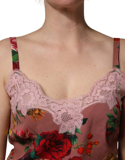 Top lencero de satén con estampado de rosas en color marrón Dolce & Gabbana