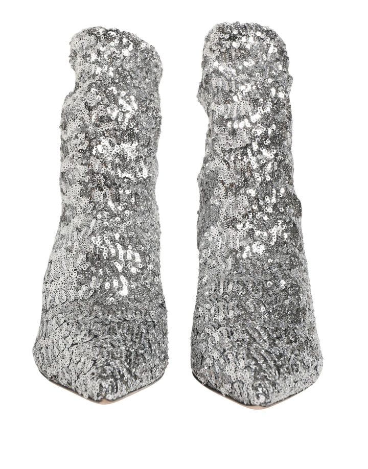 Dolce & Gabbana Silver Sequined Short Boots Stretch Shoes
