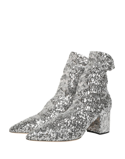Dolce & Gabbana Silver Sequined Short Boots Stretch Shoes