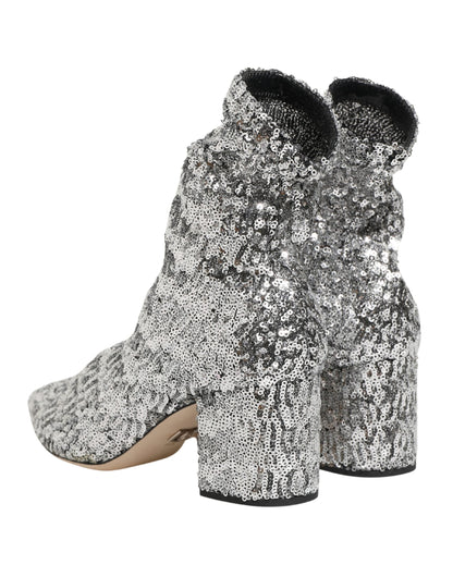 Dolce & Gabbana Silver Sequined Short Boots Stretch Shoes