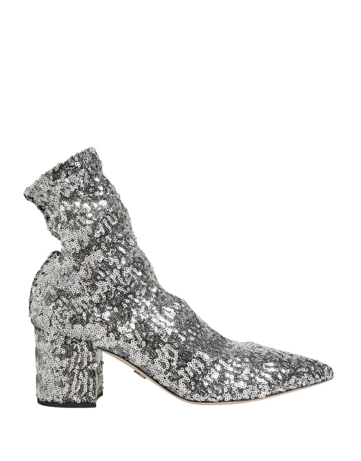 Dolce & Gabbana Silver Sequined Short Boots Stretch Shoes