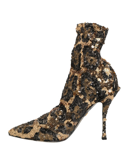 Dolce & Gabbana Gold Leopard Sequin Sock Ankle Boots Shoes
