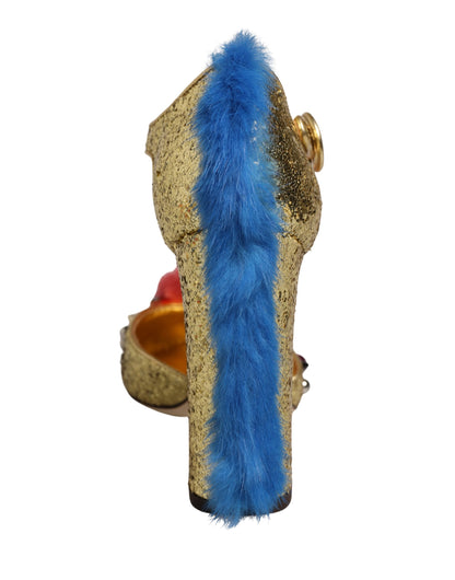 Chaussures Sandales T-strap Paillettes et Fourrure Dorées Dolce & Gabbana