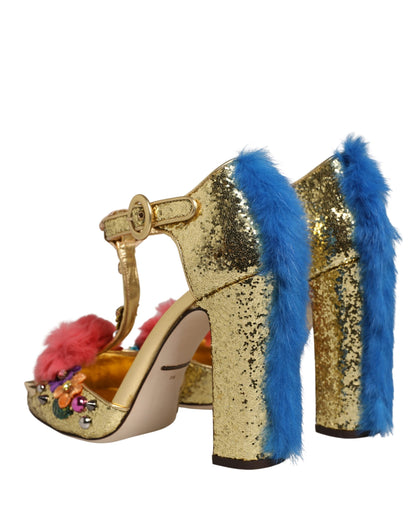 Chaussures Sandales T-strap Paillettes et Fourrure Dorées Dolce & Gabbana