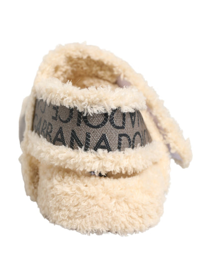 Dolce & Gabbana Sandalias Planas Beige de Piel Sintética con Logo Estampado