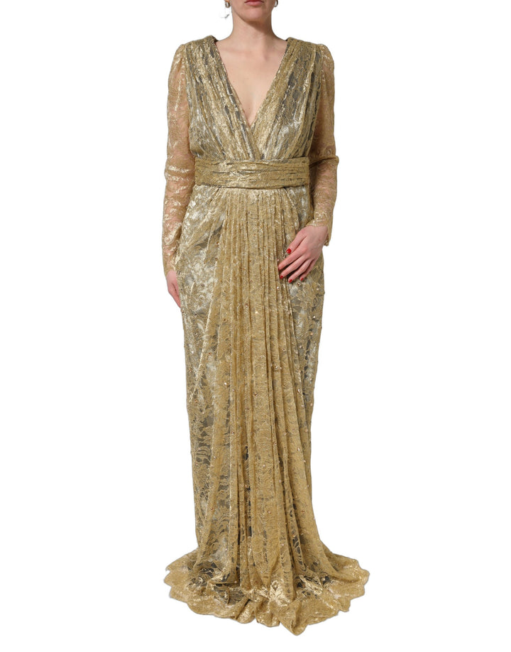 Dolce & Gabbana Gold Sheer Lace Crystal Embellished Dress
